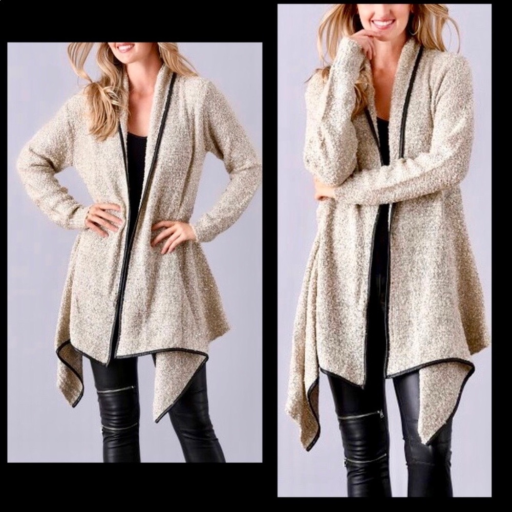 BEIGE OPEN SWING FAUX LEATHER CARDIGAN